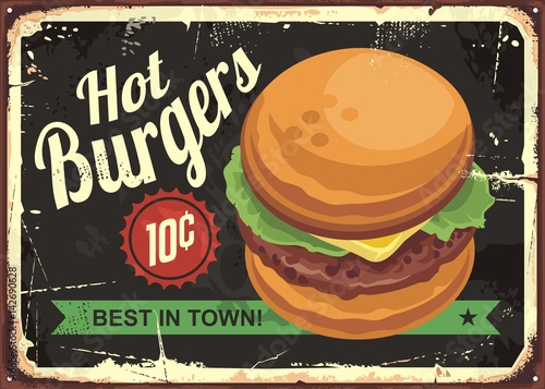 Hot burgers retro tin sign design