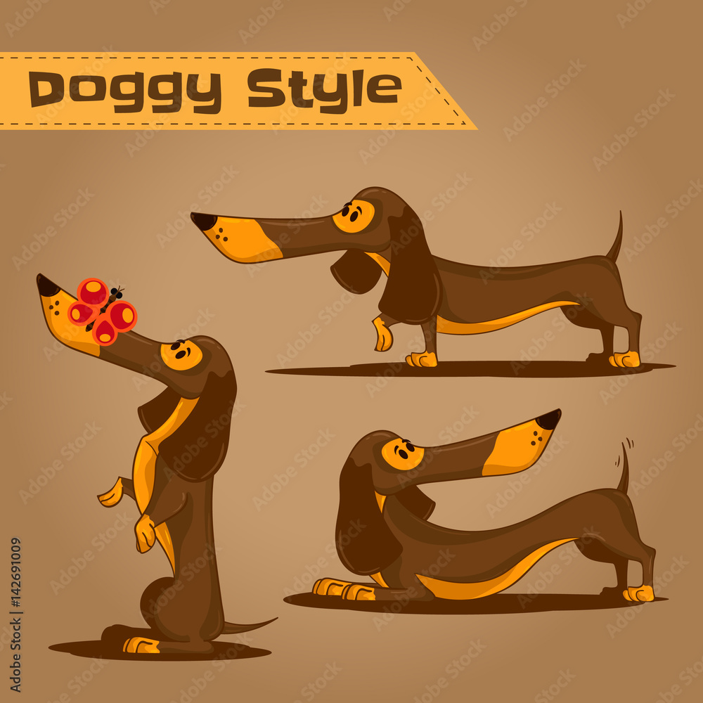 Doggy style theme. Set of cartoon brown dachshund in different poses. Use  this hand drawn vector illustration for design your website or  publications. Stock Vector | Adobe Stock