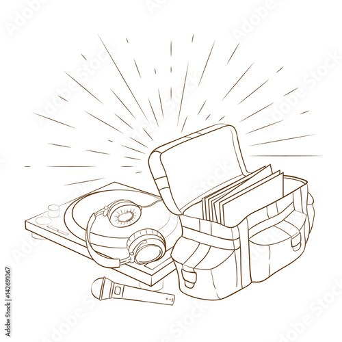 Vector outline dj equipment devices isolated on white background