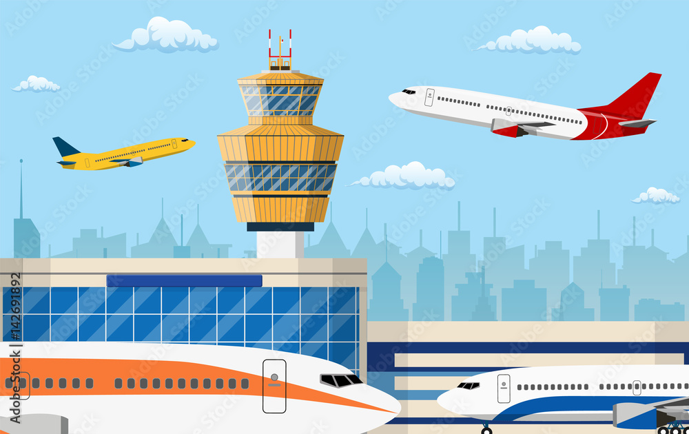 airport control tower and flying civil airplane