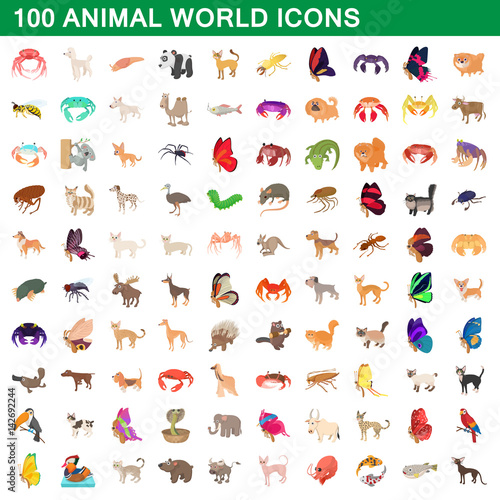100 animal world set, cartoon style