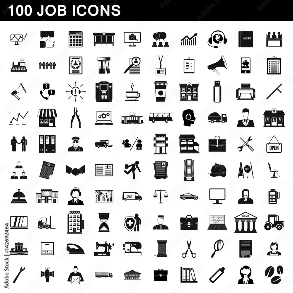 100 job icons set, simple style 100 job icons set, simple style