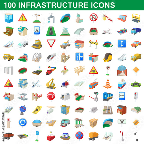 100 infrastructure set, cartoon style