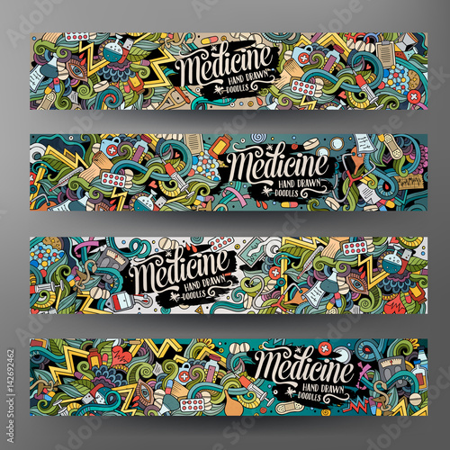 Cartoon vector hand drawn doodles Medical banners