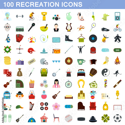 100 recreation icons set, flat style