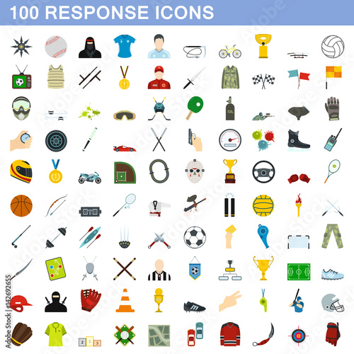 100 response icons set, flat style