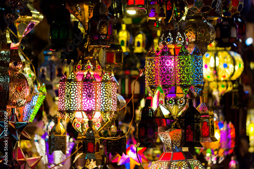 Vibrant colourful handmade tin lamps on medina market © Tommy Lee Walker