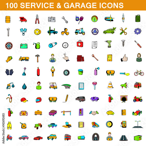 100 service and garage icons set, cartoon style