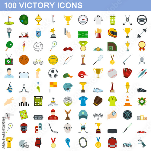 100 victory icons set, flat style photo