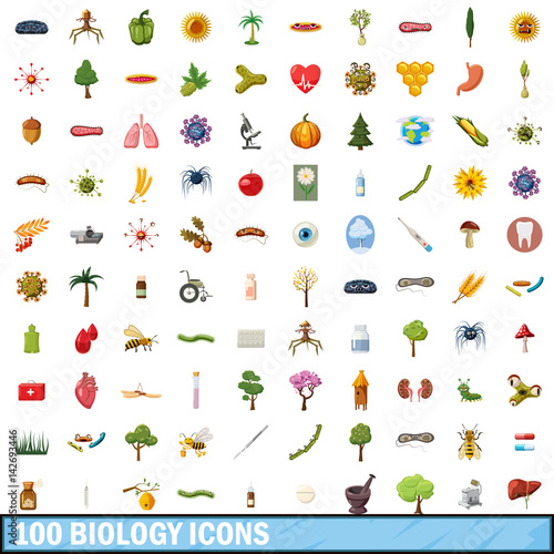 100 biology icons set, cartoon style