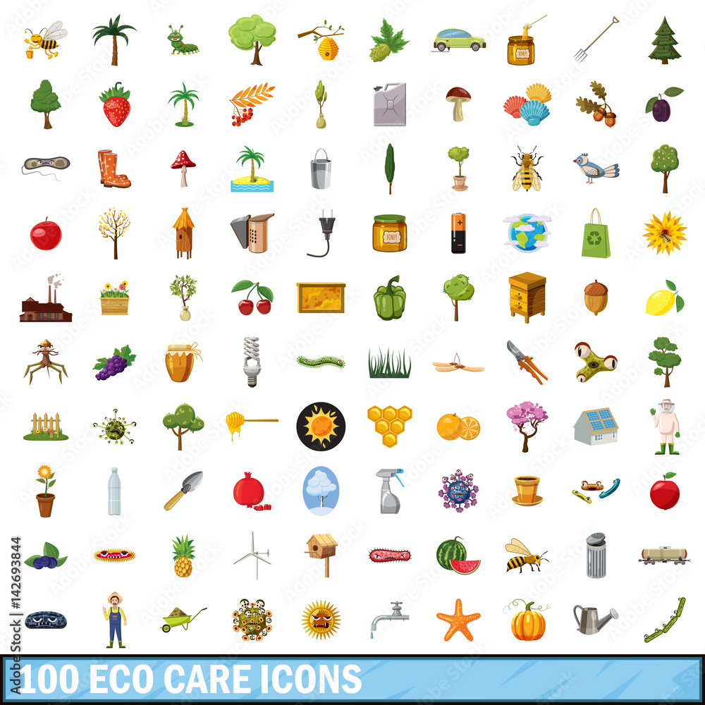 Fototapeta premium 100 eco care icons set, cartoon style