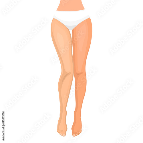 Beautiful long female legs. Woman slim legs silhouette, Isolated on white. Vector illustration. White panties. Design element.