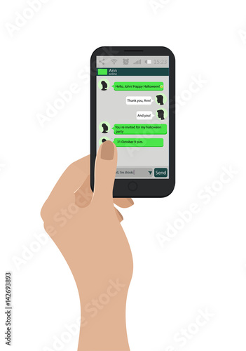 Hand holding mobile phone. Vector illustration. Green Chat boxes on smartphone screen. Messaging concept. Flat style image. Message boxes.