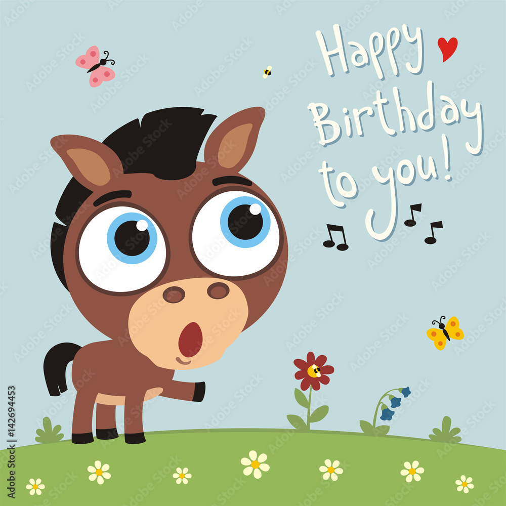 Happy birthday to you! Funny horse sings birthday song. Card with horse in  cartoon style. Stock Vector | Adobe Stock