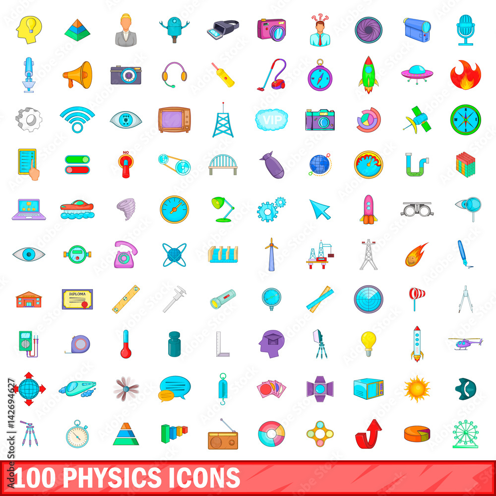 100 physics icons set, cartoon style 100 physics icons set, cartoon style