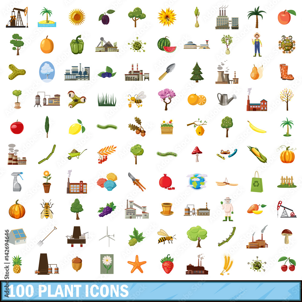 100 plant icons set, cartoon style 100 plant icons set, cartoon style