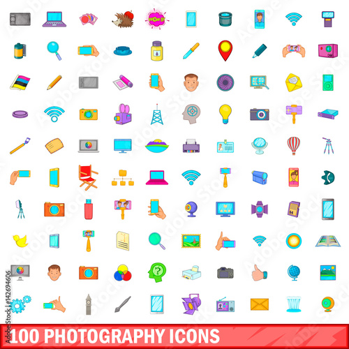 100 photography icons set, cartoon style