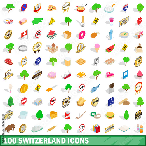 100 switzerland icons set  isometric 3d style