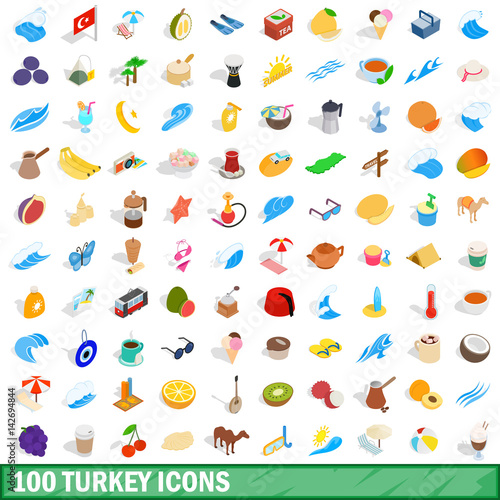 100 turkey icons set, isometric 3d style