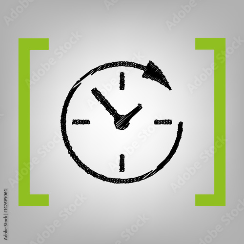 Service and support for customers around the clock and 24 hours. Vector. Black scribble icon in citron brackets on grayish background.