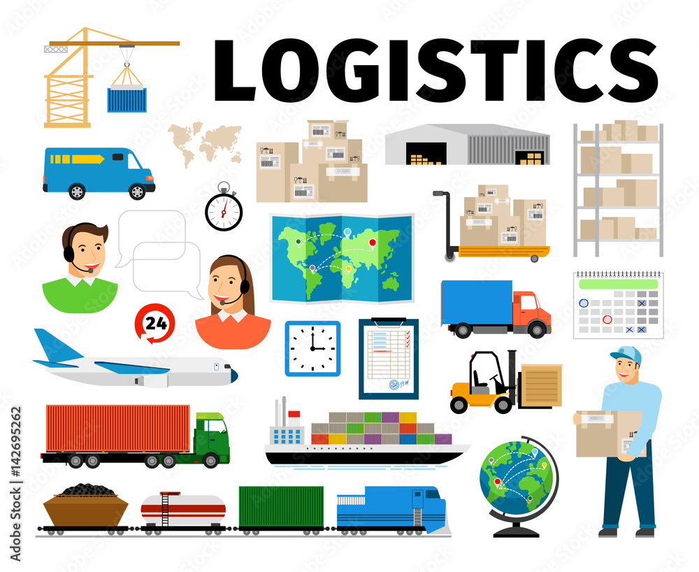 Logistics vector elements isolated on white background. Worker and transport, warehouse distribution work fulfillment center Logistics vector elements isolated on white background. Worker and transport, warehouse distribution work fulfillment center