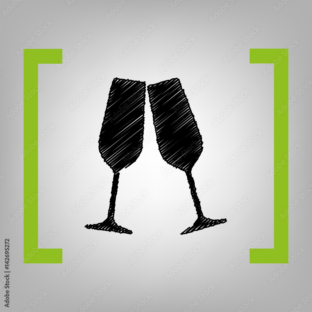Obraz premium Sparkling champagne glasses. Vector. Black scribble icon in citron brackets on grayish background.