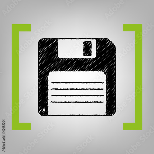 Floppy disk sign. Vector. Black scribble icon in citron brackets on grayish background.