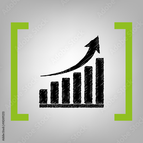 Growing graph sign. Vector. Black scribble icon in citron brackets on grayish background.
