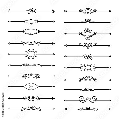 Thin line divider set isolated on white background. Vintage black floral page dividers