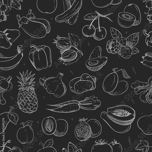 Wallpaper Mural White doodle vegetables and fruits isolated on blackboard seamless vector pattern Torontodigital.ca
