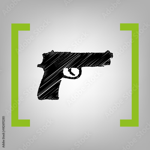 Gun sign illustration. Vector. Black scribble icon in citron brackets on grayish background.