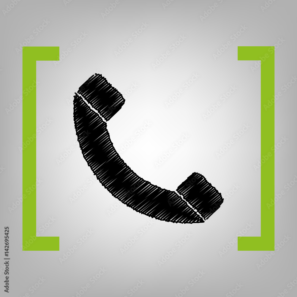 Phone sign illustration. Vector. Black scribble icon in citron brackets on grayish background. Phone sign illustration. Vector. Black scribble icon in citron brackets on grayish background.