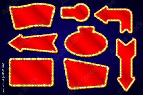 Vintage design elements with light bulbs, las vegas show, movie stars, frames, borders vector symbols