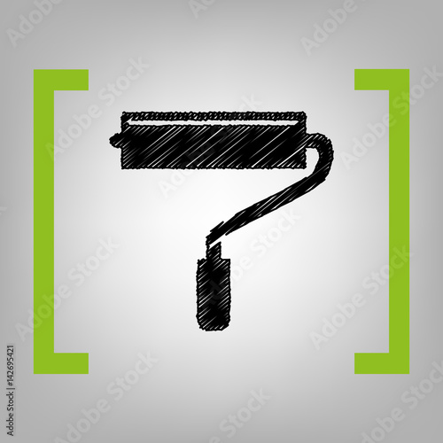 Roller sign illustration. Vector. Black scribble icon in citron brackets on grayish background.