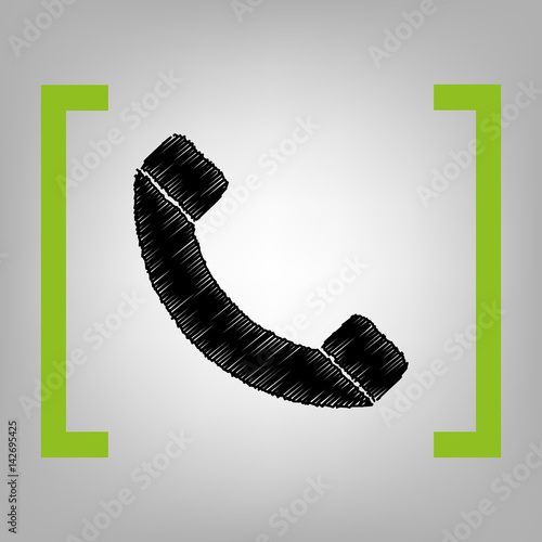 Phone sign illustration. Vector. Black scribble icon in citron brackets on grayish background.