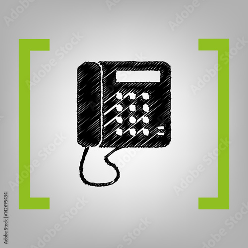 Communication or phone sign. Vector. Black scribble icon in citron brackets on grayish background.