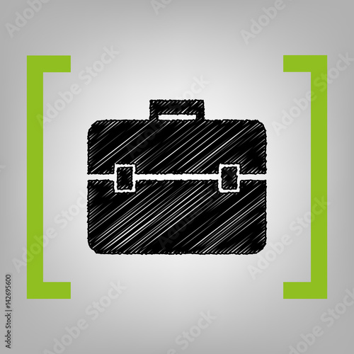 Briefcase sign illustration. Vector. Black scribble icon in citron brackets on grayish background.