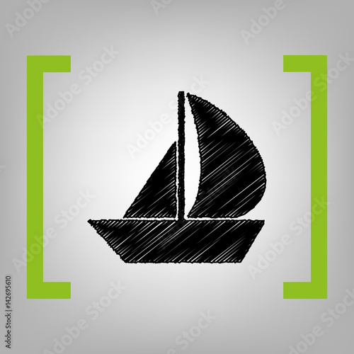 Sail Boat sign. Vector. Black scribble icon in citron brackets on grayish background.