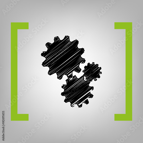 Settings sign illustration. Vector. Black scribble icon in citron brackets on grayish background.