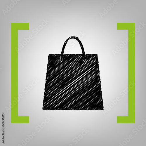 Shopping bag illustration. Vector. Black scribble icon in citron brackets on grayish background.