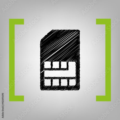Sim card sign. Vector. Black scribble icon in citron brackets on grayish background.