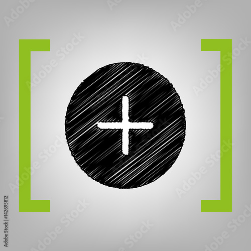 Positive symbol plus sign. Vector. Black scribble icon in citron brackets on grayish background.