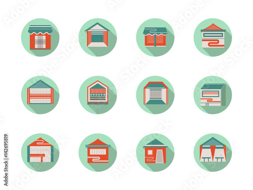 Kiosk and marquees round flat color vector icons