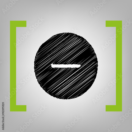 Negative symbol illustration. Minus sign. Vector. Black scribble icon in citron brackets on grayish background.