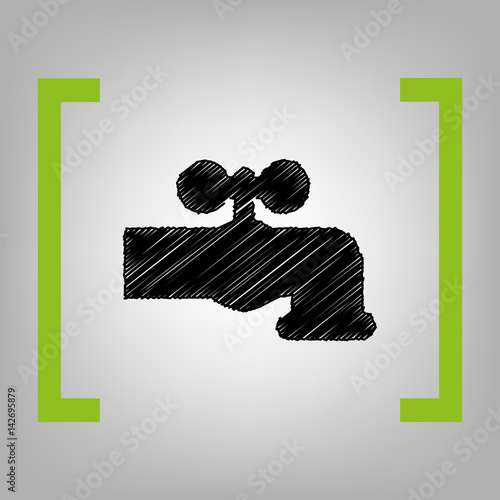 Water faucet sign illustration. Vector. Black scribble icon in citron brackets on grayish background.