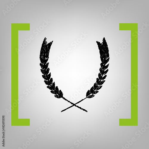 Wheat sign illustration. Spike. Spica. Vector. Black scribble icon in citron brackets on grayish background.