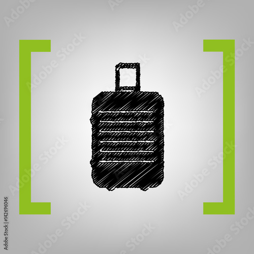 Baggage sign illustration. Vector. Black scribble icon in citron brackets on grayish background.