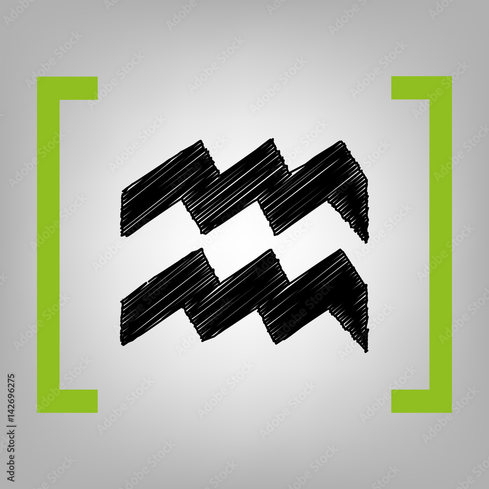 Aquarius sign illustration. Vector. Black scribble icon in citron brackets on grayish background. Aquarius sign illustration. Vector. Black scribble icon in citron brackets on grayish background.