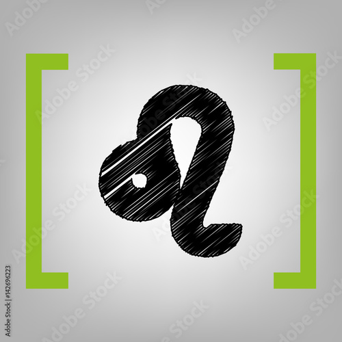 Leo sign illustration. Vector. Black scribble icon in citron brackets on grayish background.