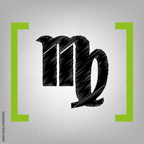 Virgo sign illustration. Vector. Black scribble icon in citron brackets on grayish background.